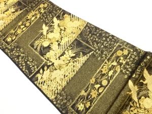 変わり横段に鶴・草花模様織出し袋帯